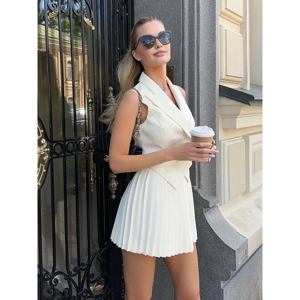 Commense‎ Suit Waistcoat With Pleated Mini Skirt Set off white size XS - Picture 2 of 4